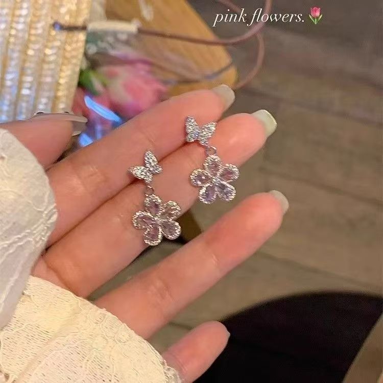 Pink butterfly and flower earrings