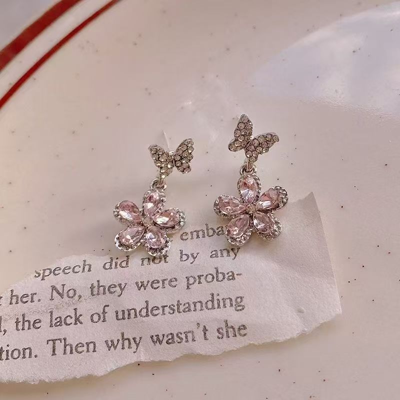 Pink butterfly and flower earrings