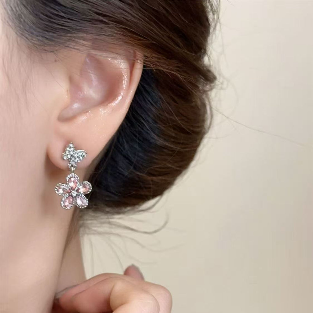 Pink butterfly and flower earrings