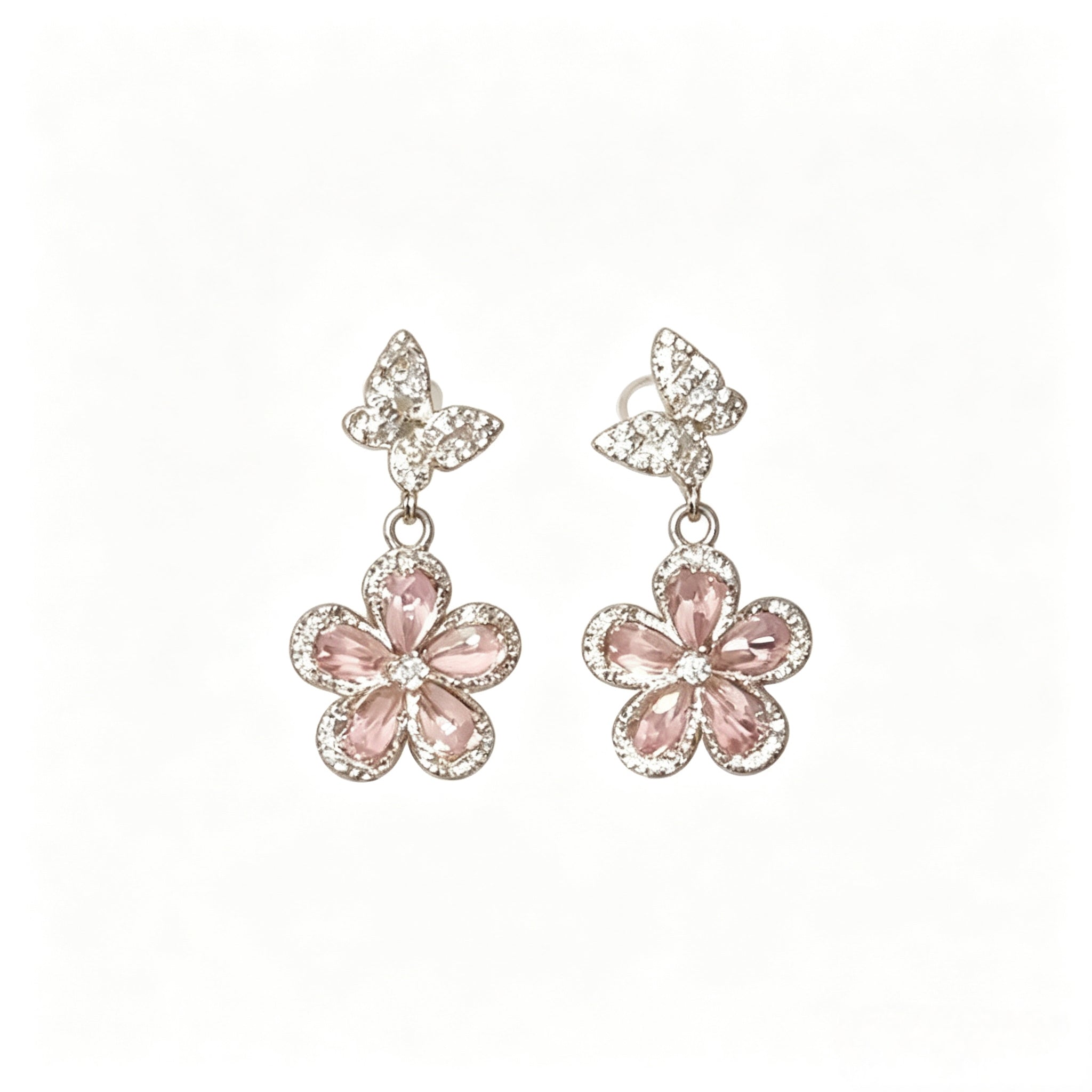 Pink butterfly and flower earrings