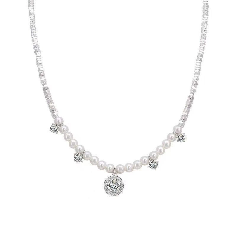 Silver Pearl Round Pendant Necklace
