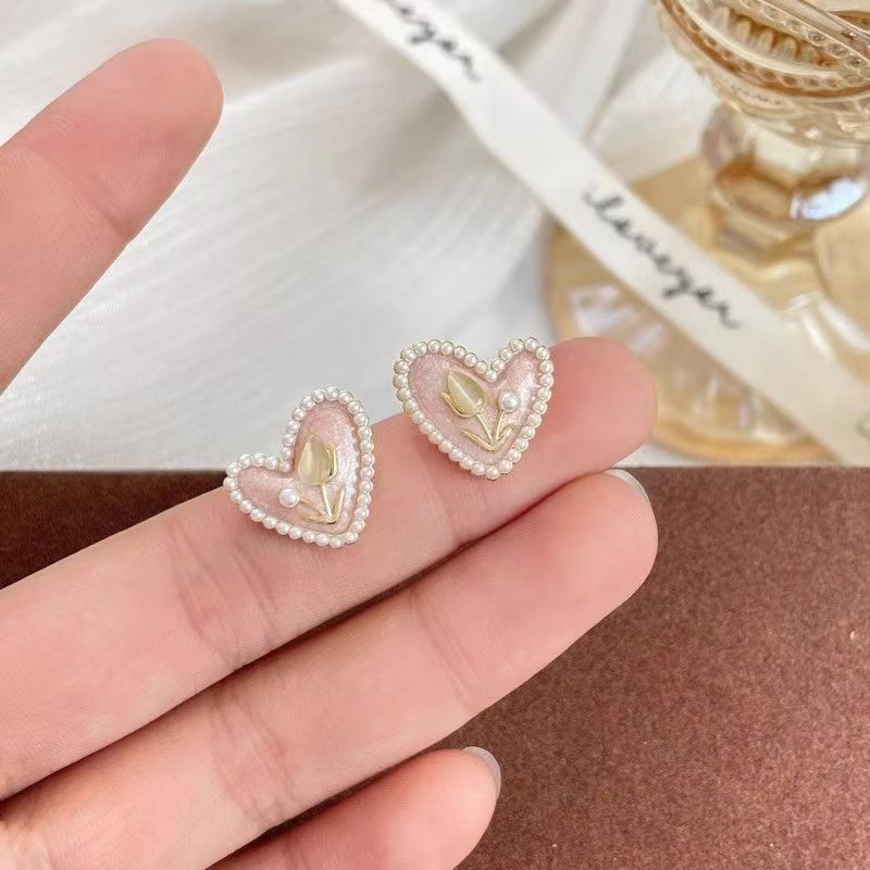 Pink Tulip Pearl Stud Earrings