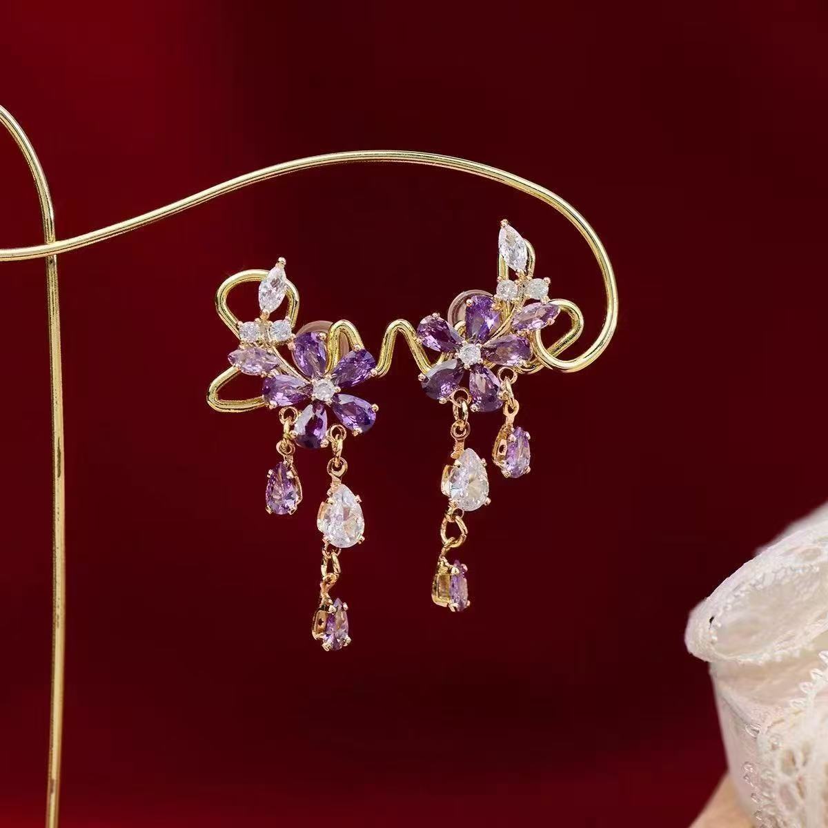 Amethyst Floral Tassel Earrings