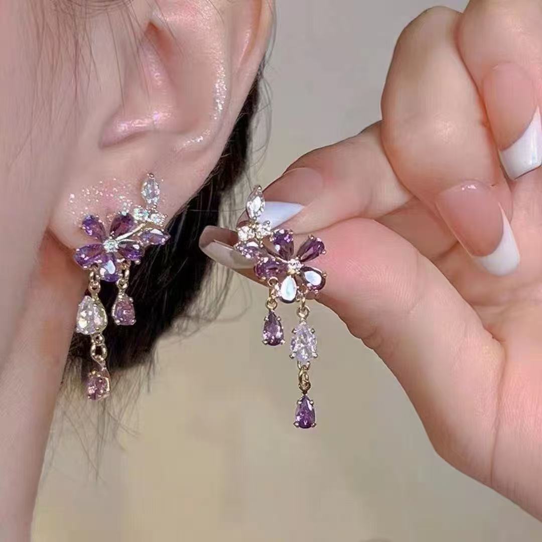 Amethyst Floral Tassel Earrings