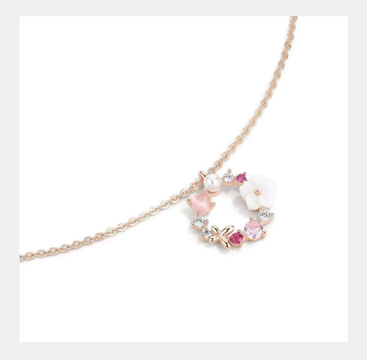 Rose Gold Floral and Butterfly Wreath Necklace