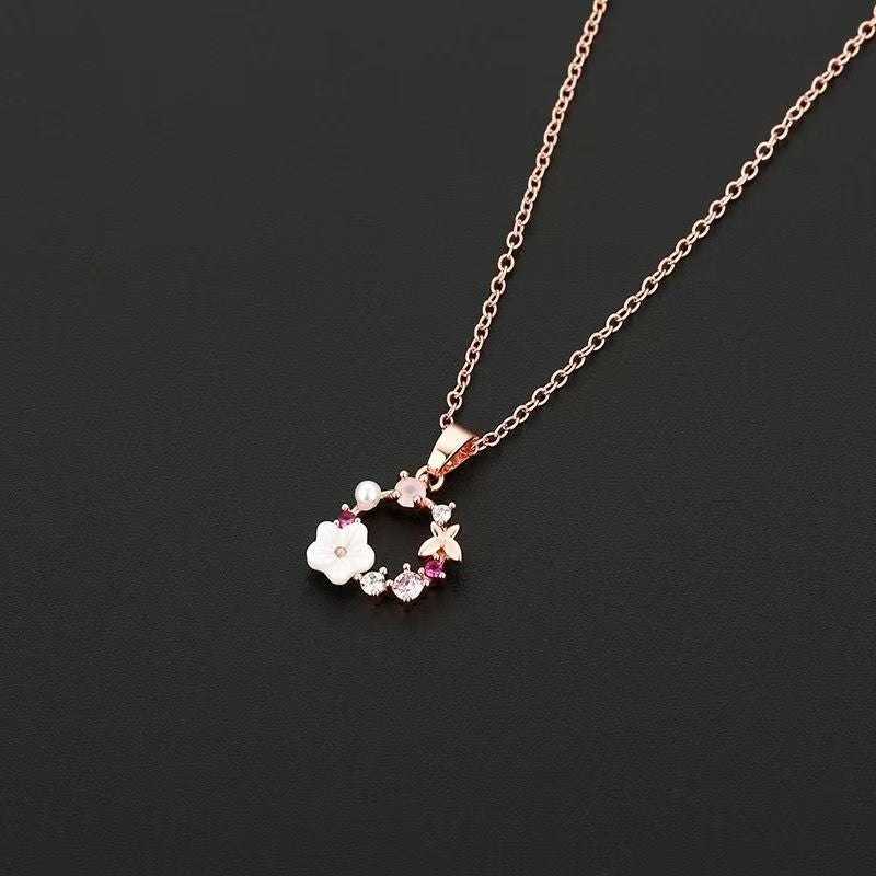 Rose Gold Floral and Butterfly Wreath Necklace
