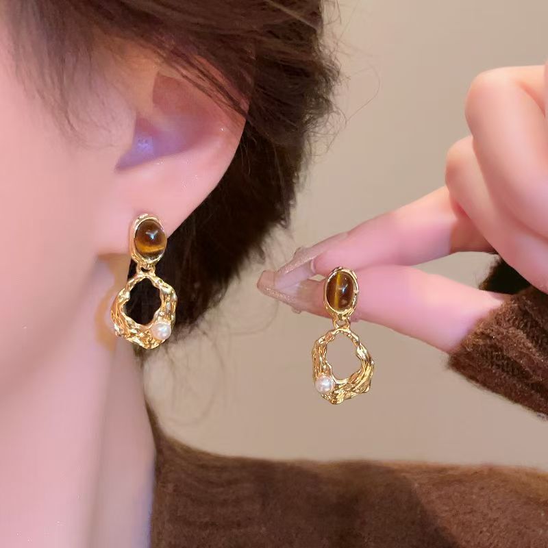 Textured Amber and Pearl Earrings