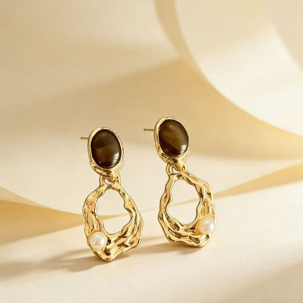 Textured Amber and Pearl Earrings