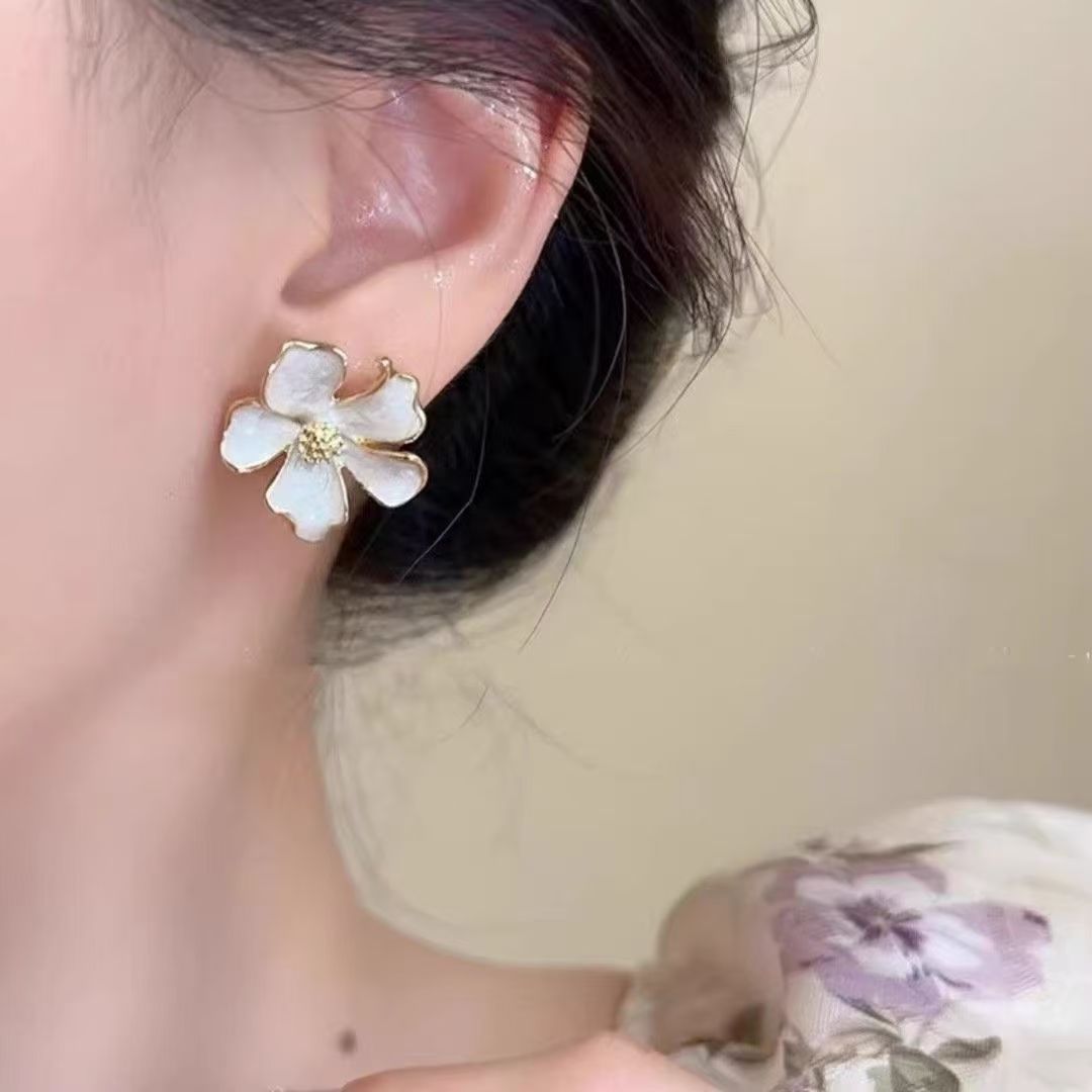 White Enamel Flower Earrings