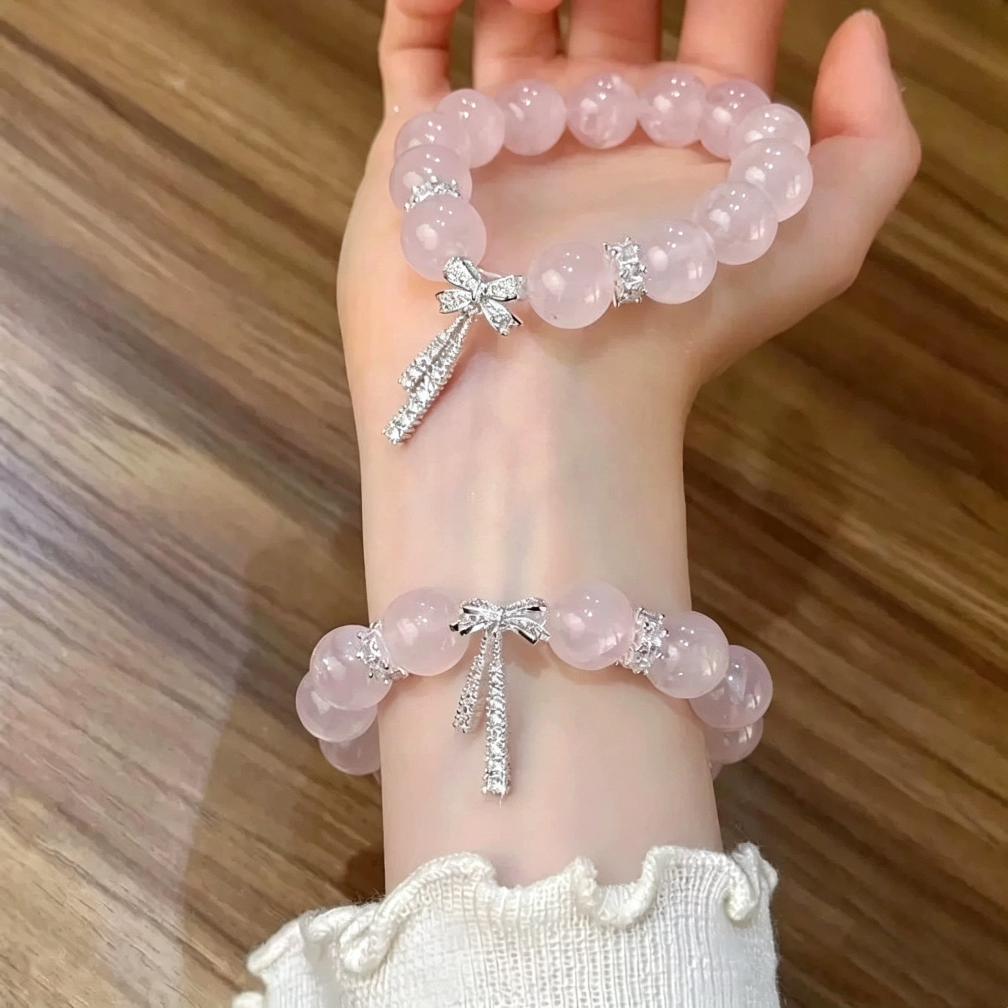 Rose Quartz Bracelet with Bow Charm