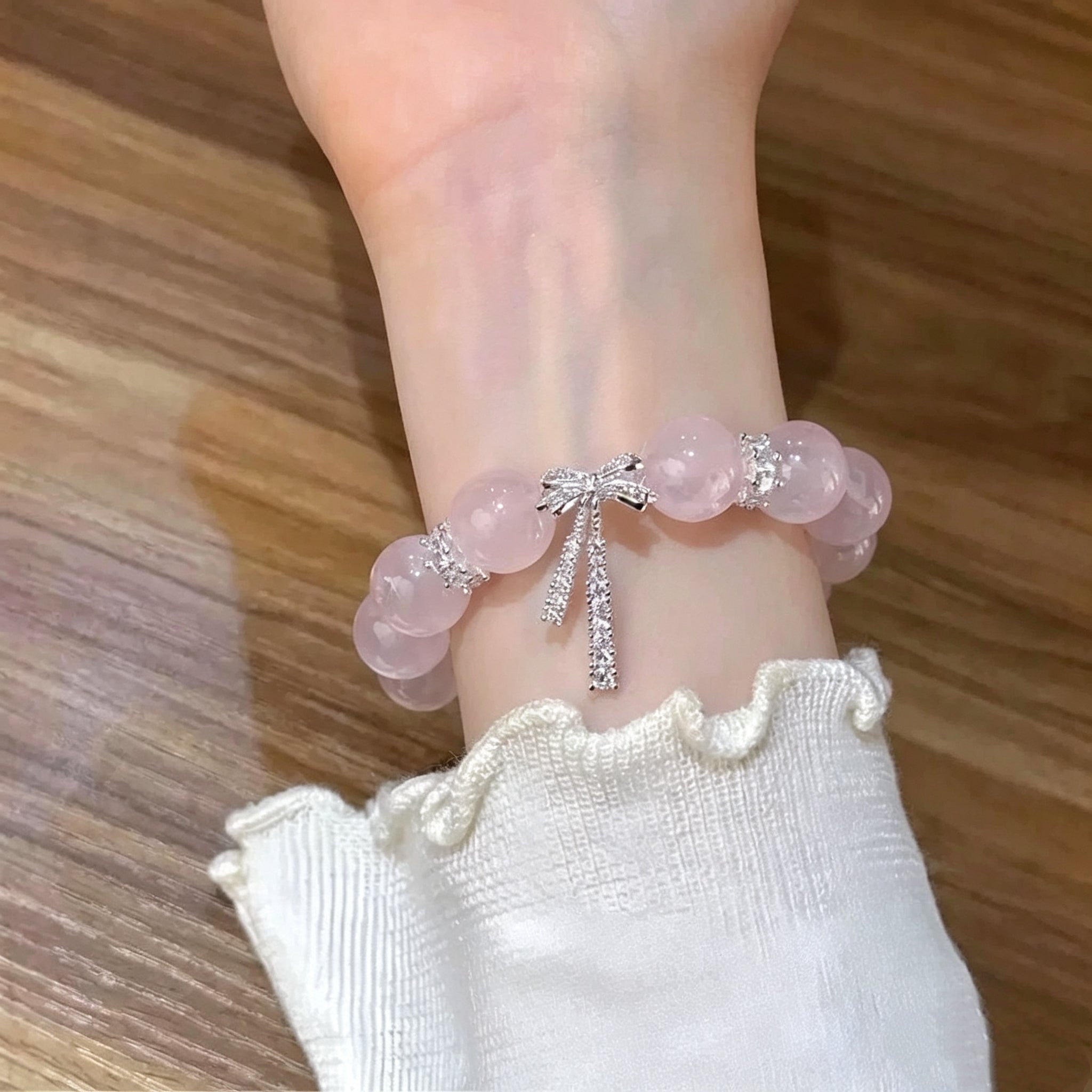 Rose Quartz Bracelet with Bow Charm