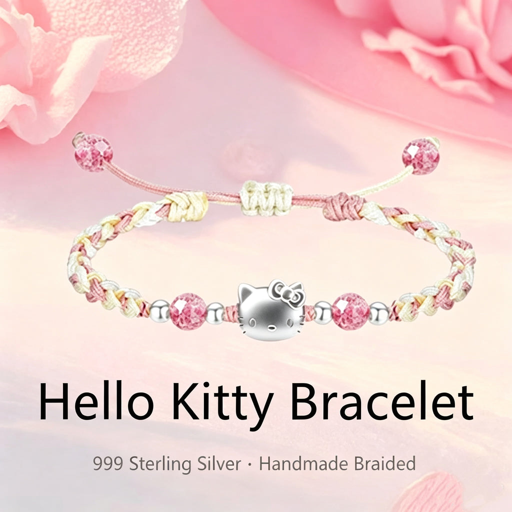 Hand-Woven 999 Pure Silver Hello Kitty Bracelet