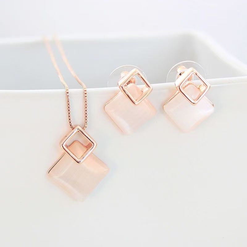 Pink Cat's Eye Double-Layer Square Jewelry Set