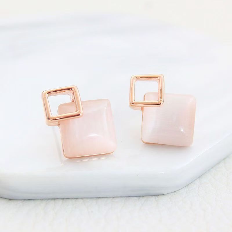 Pink Cat's Eye Double-Layer Square Jewelry Set