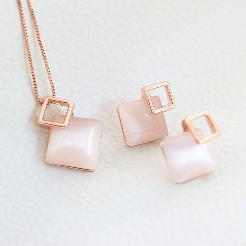 Pink Cat's Eye Double-Layer Square Jewelry Set