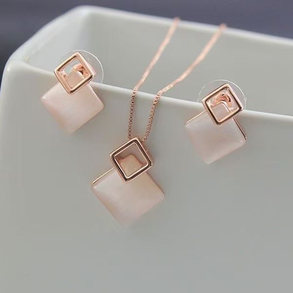 Pink Cat's Eye Double-Layer Square Jewelry Set