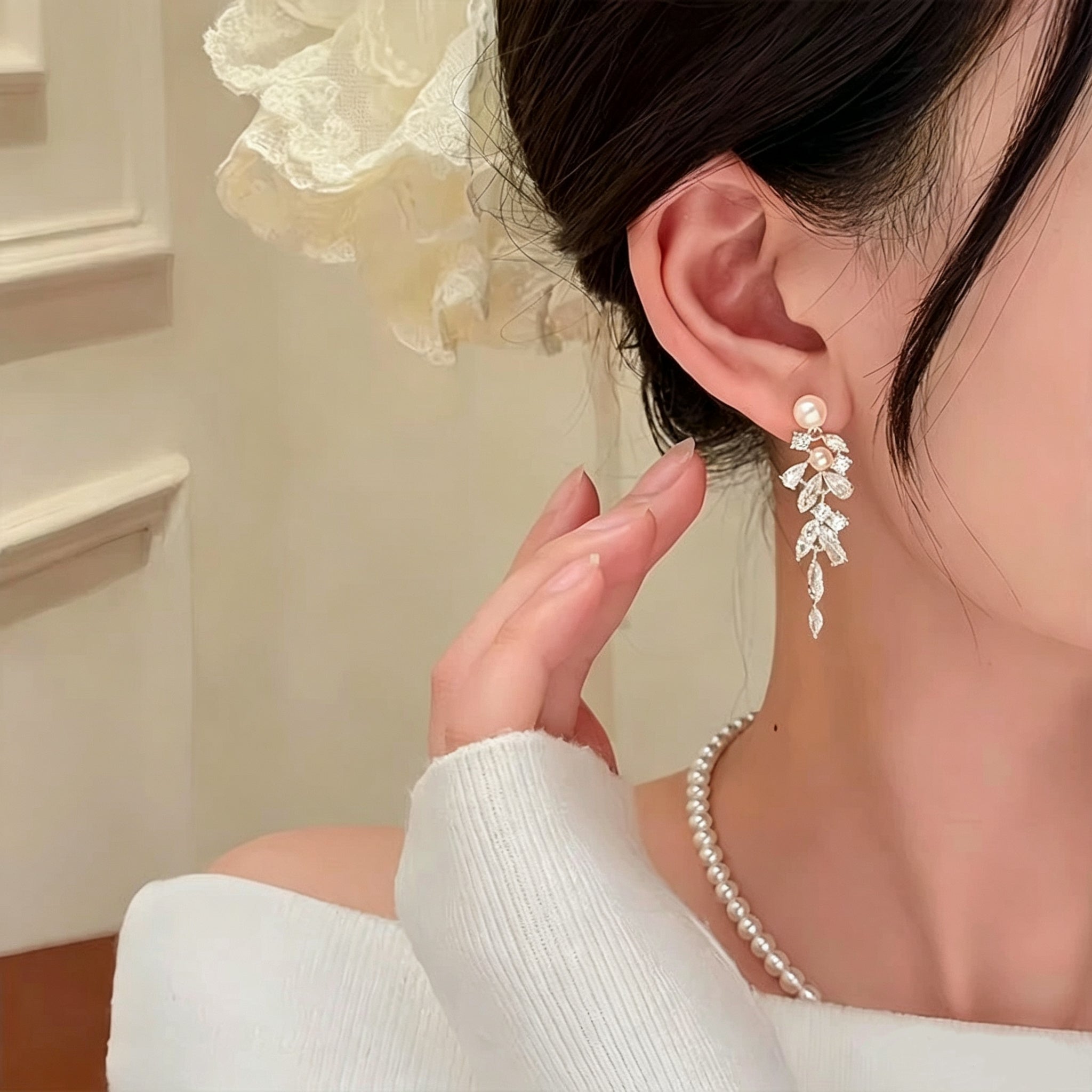 Pearl and Zircon Tassel Drop Earrings