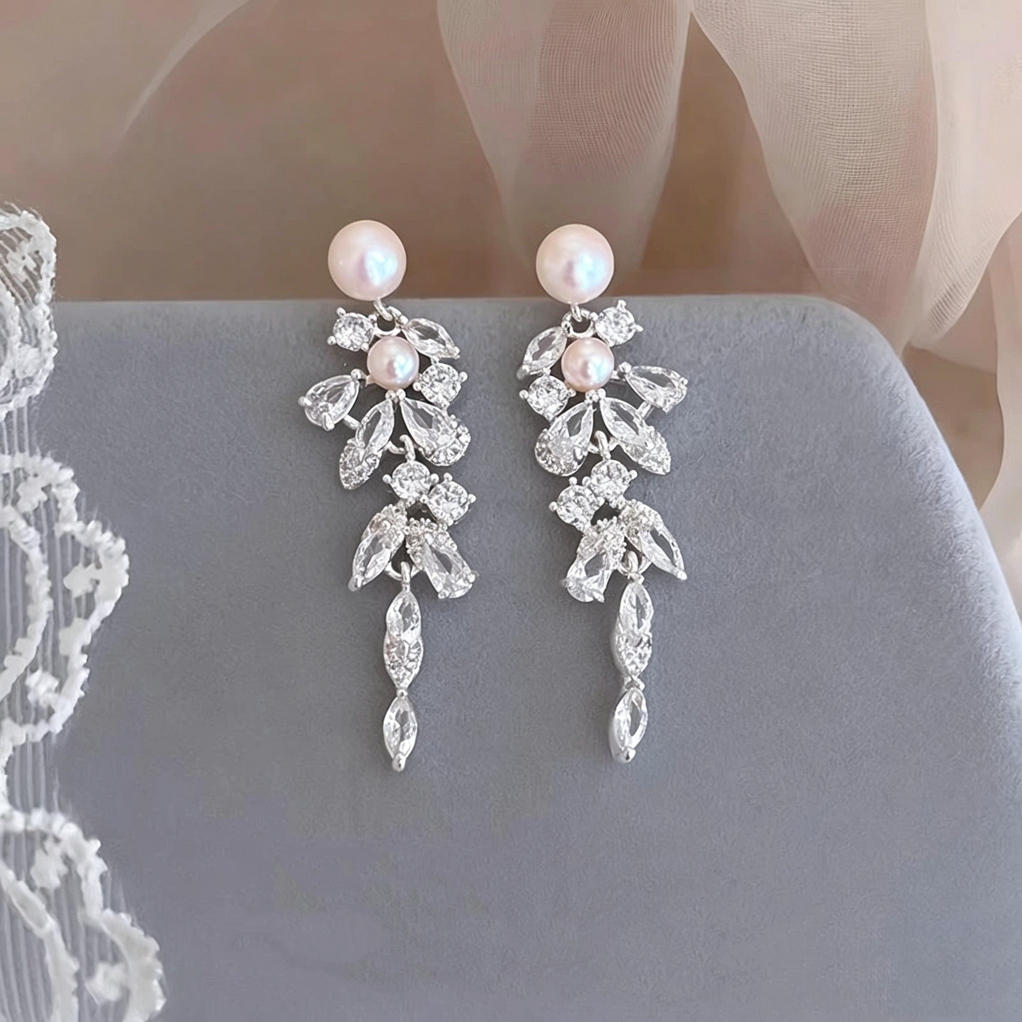 Pearl and Zircon Tassel Drop Earrings