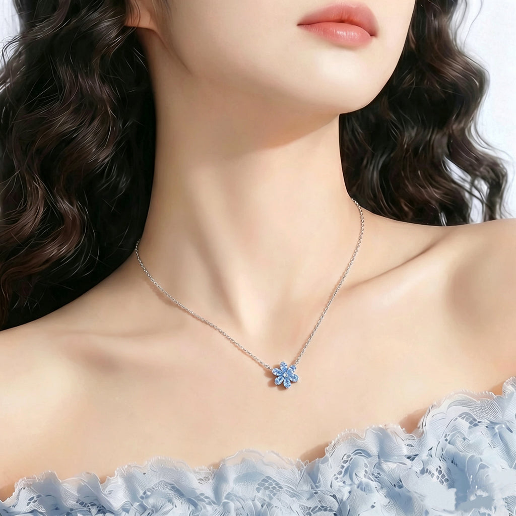 Icy-Blue Six-Petal Crystal Necklace