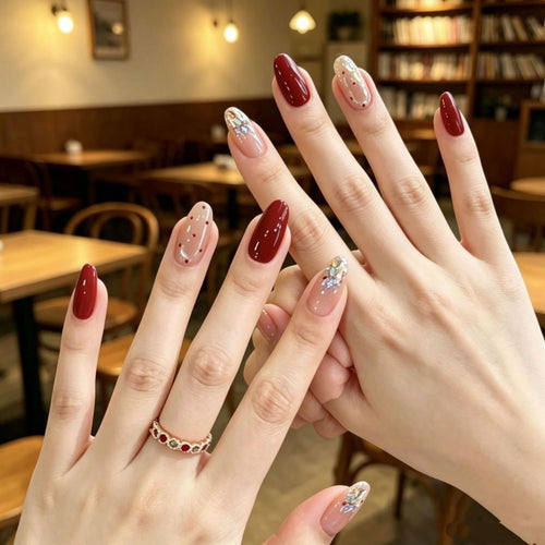 Burgundy Rhinestone Press-on Nails