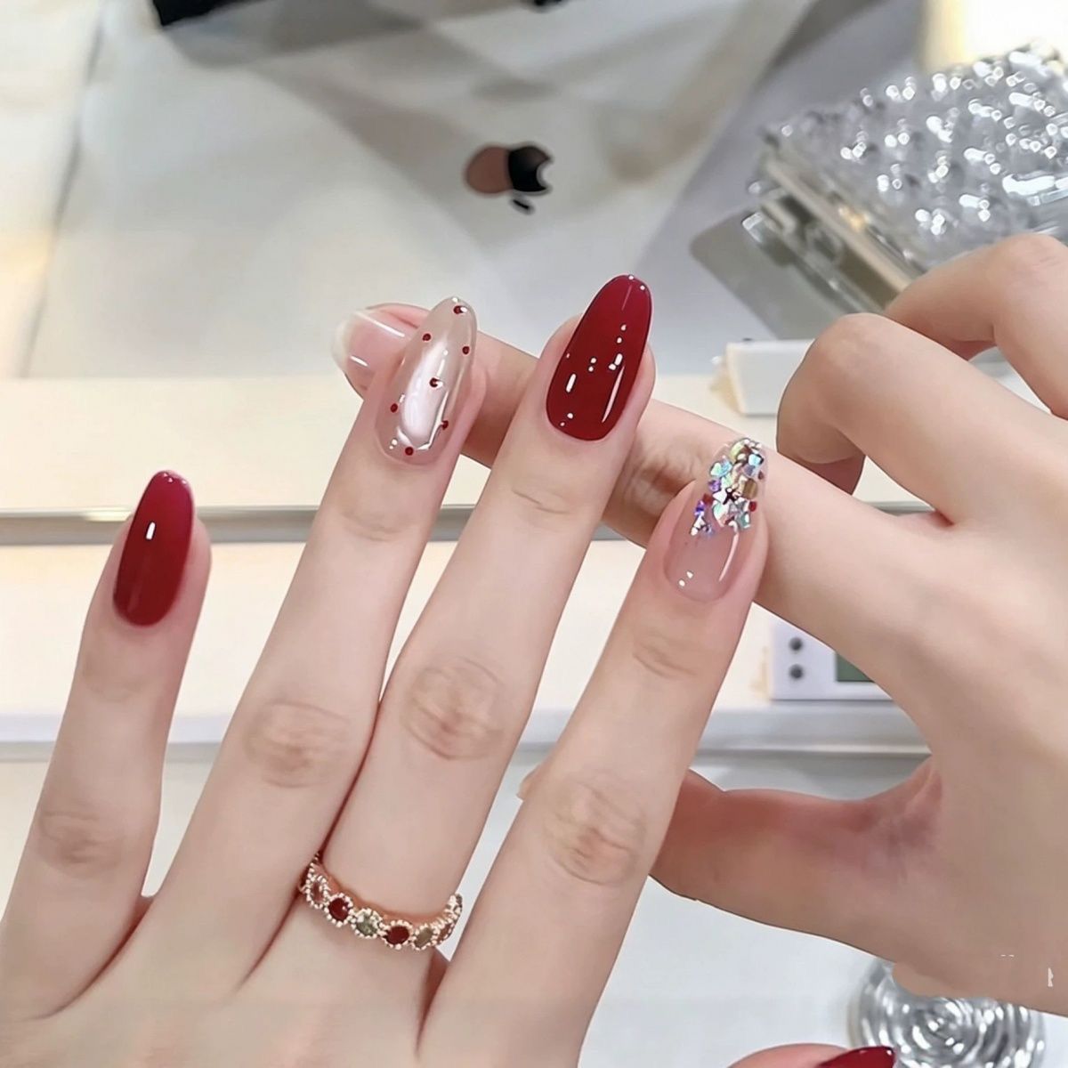 Burgundy Rhinestone Press-on Nails