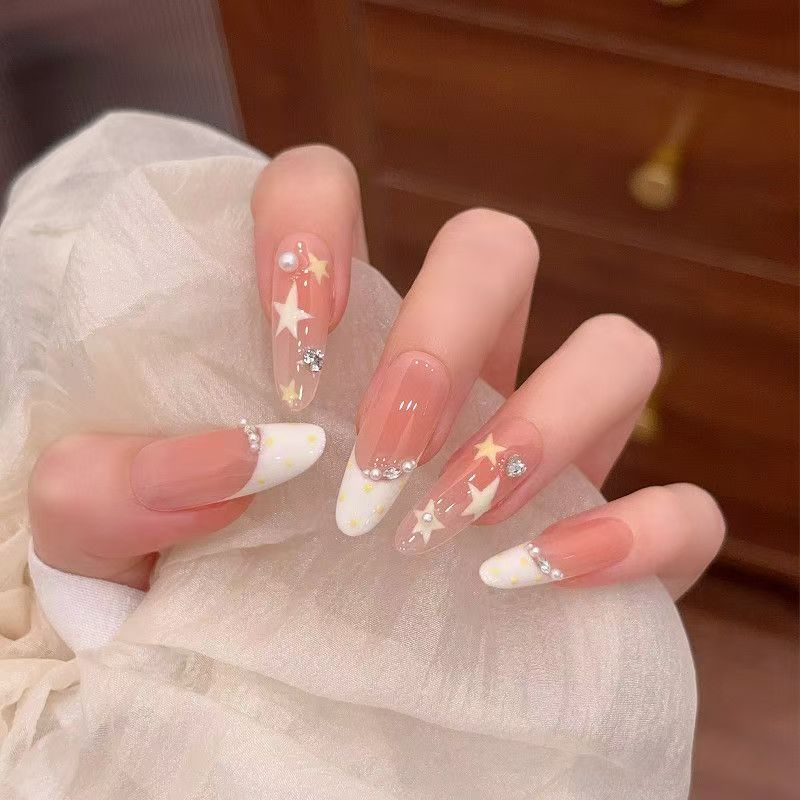Peach Star Rhinestone Almond Press-on Nails