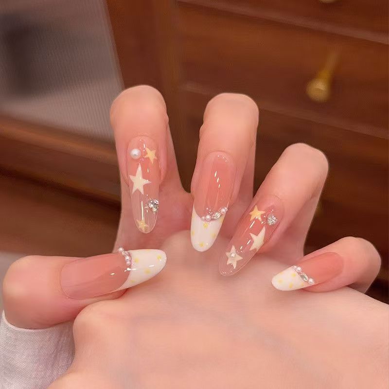 Peach Star Rhinestone Almond Press-on Nails