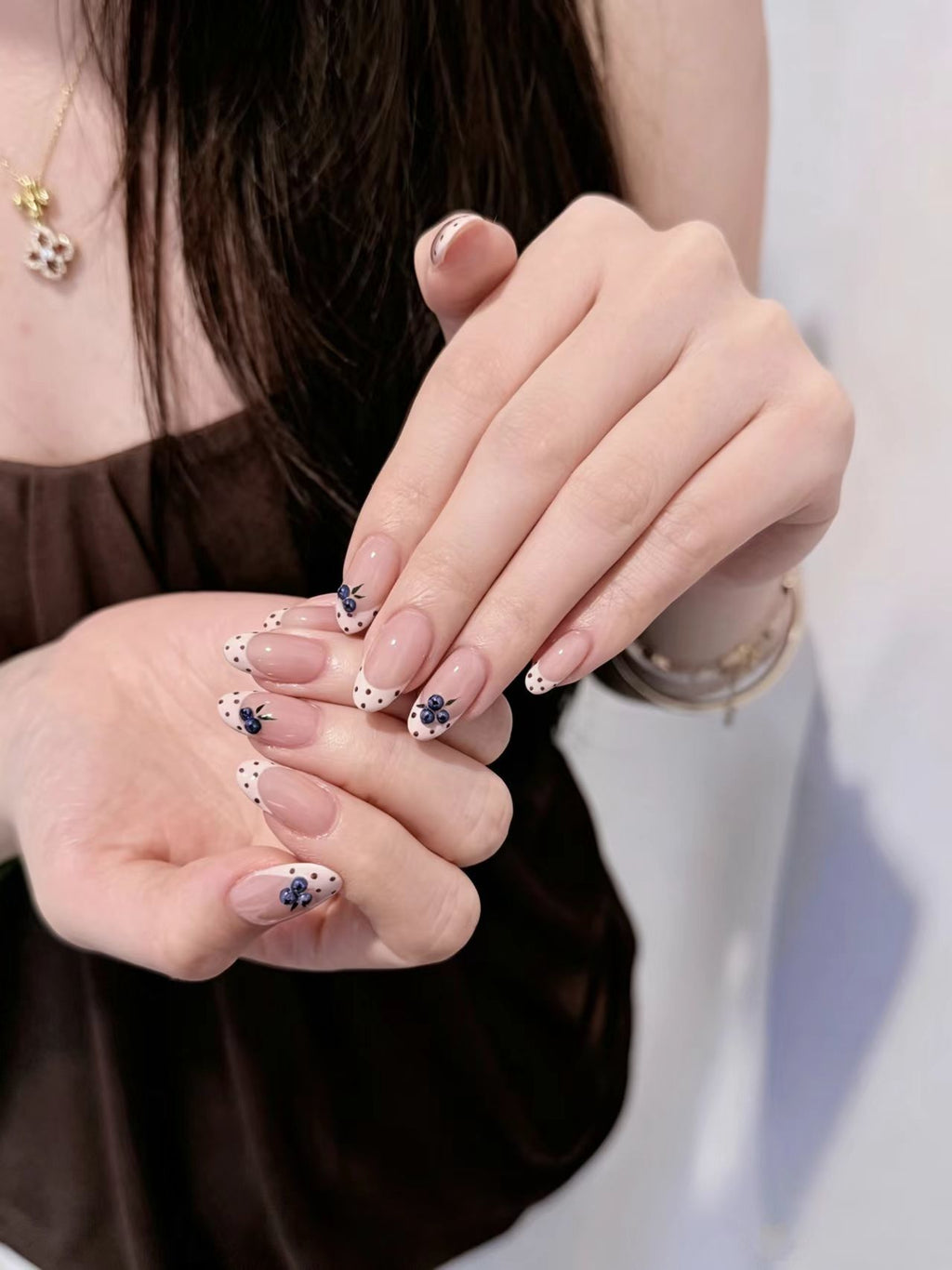 Milky White Polka-Dot  Blueberry French-Style Almond Press-On Nails