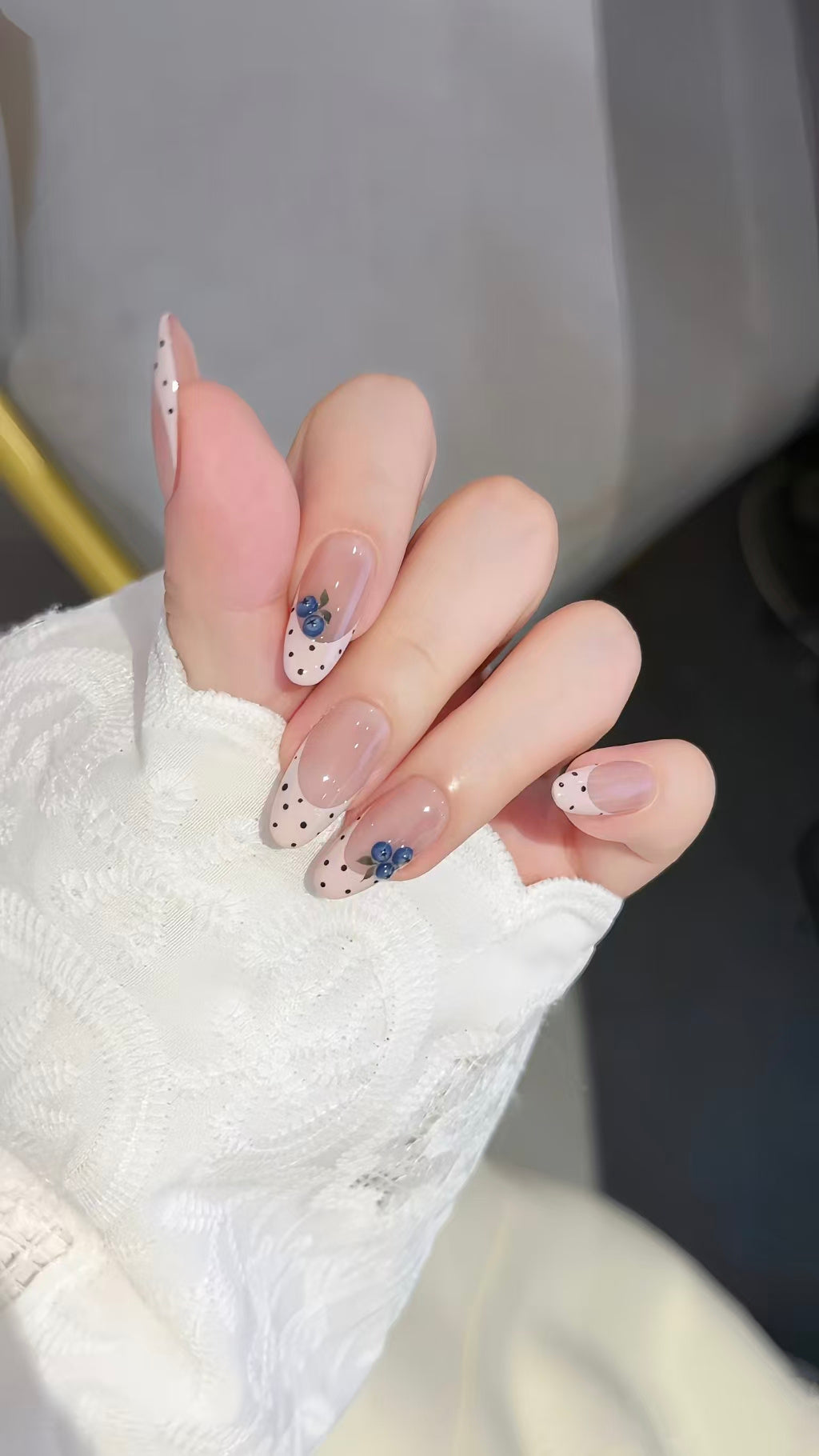 Milky White Polka-Dot  Blueberry French-Style Almond Press-On Nails
