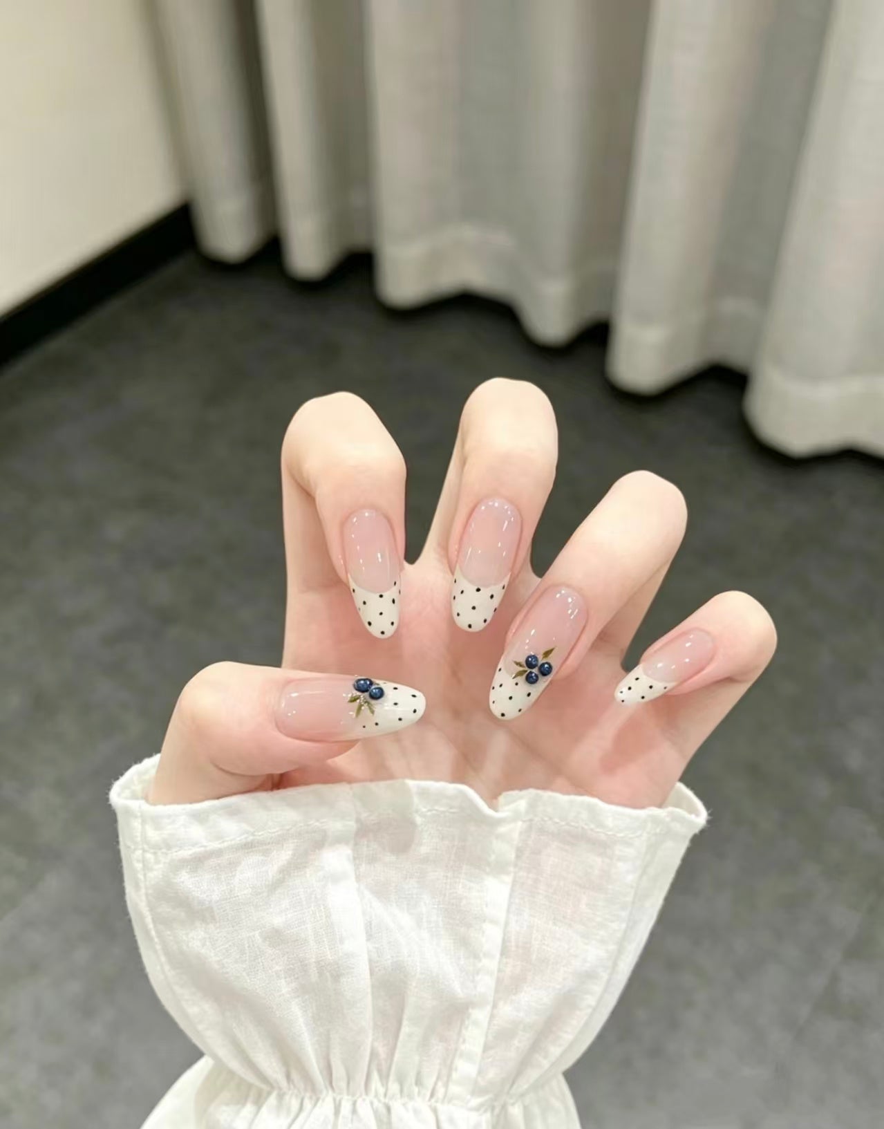 Milky White Polka-Dot  Blueberry French-Style Almond Press-On Nails