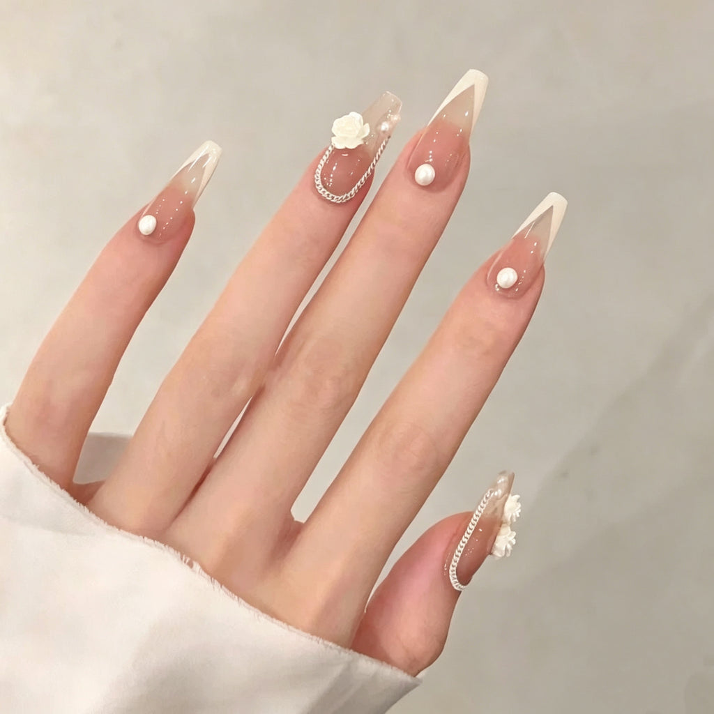French-Style Press-On Nails: White Camellia Pearl Ballet Flats