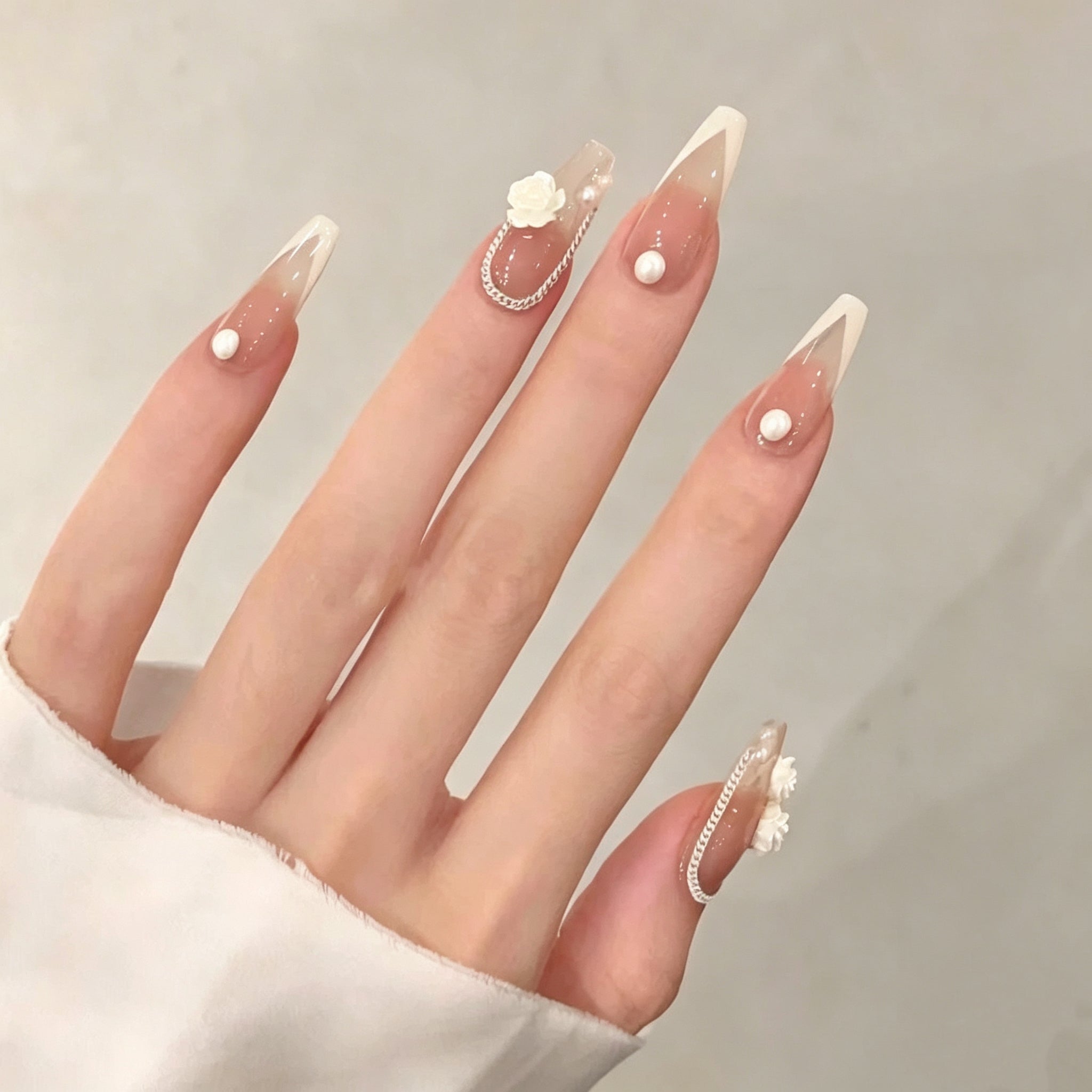 French-Style Press-On Nails: White Camellia Pearl Ballet Flats