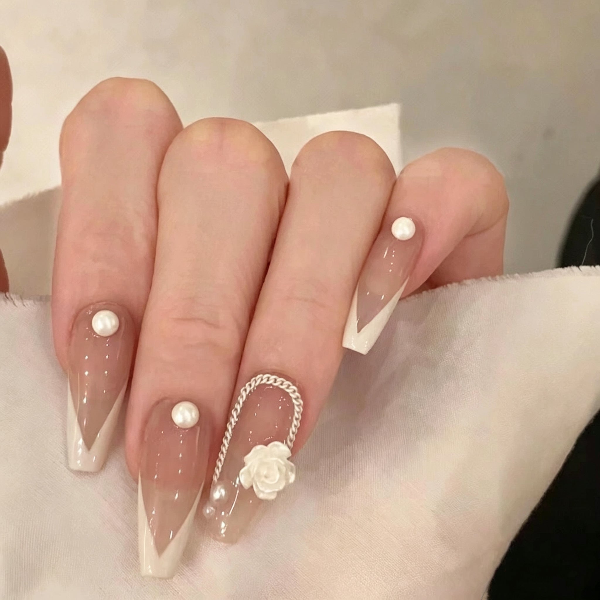 French-Style Press-On Nails: White Camellia Pearl Ballet Flats