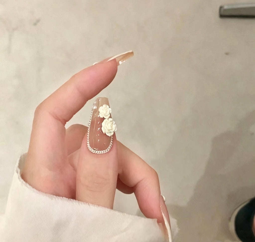 French-Style Press-On Nails: White Camellia Pearl Ballet Flats