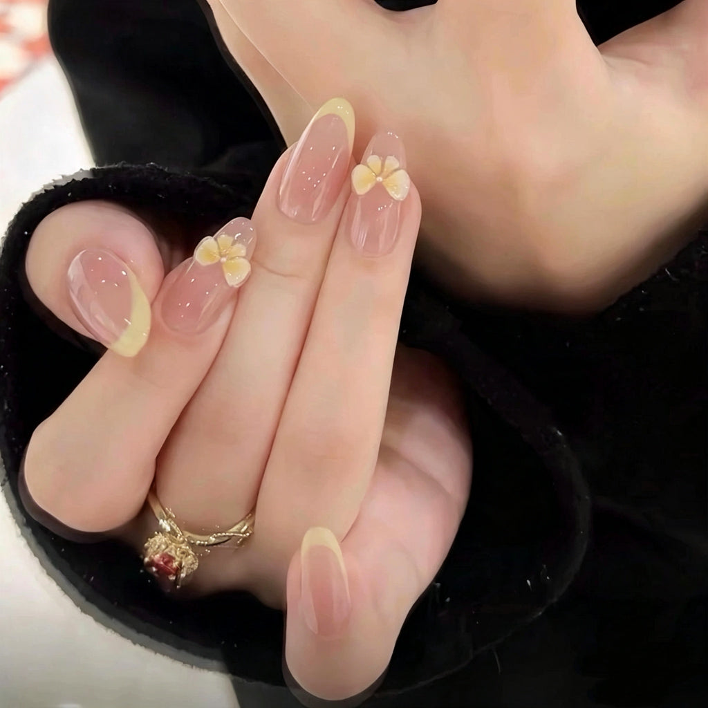 Cream Yellow Butterfly French Press On Nails