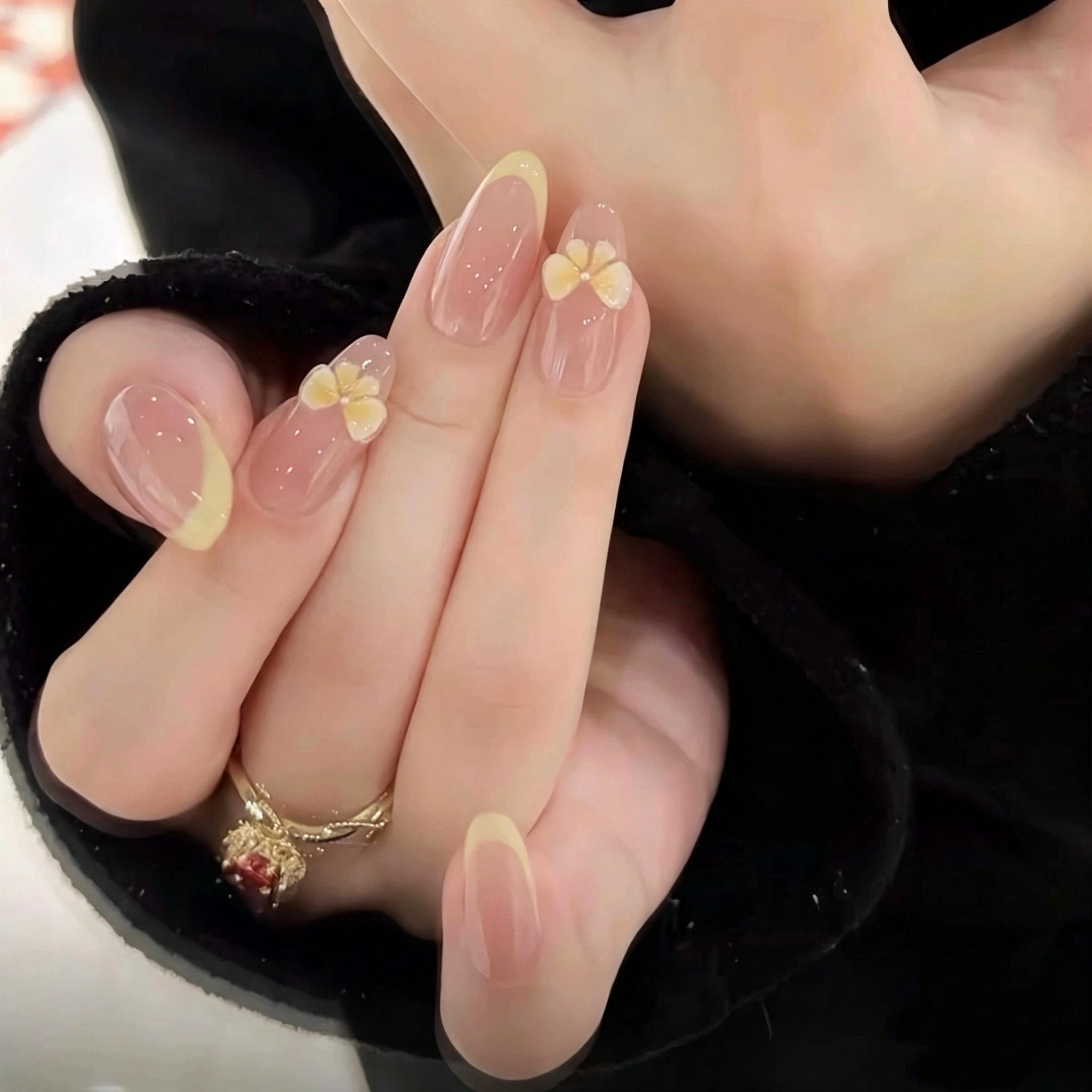 Cream Yellow Butterfly French Press On Nails