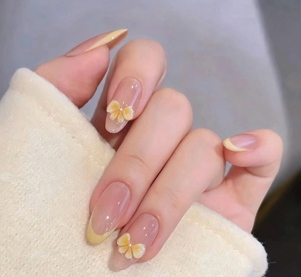 Cream Yellow Butterfly French Press On Nails