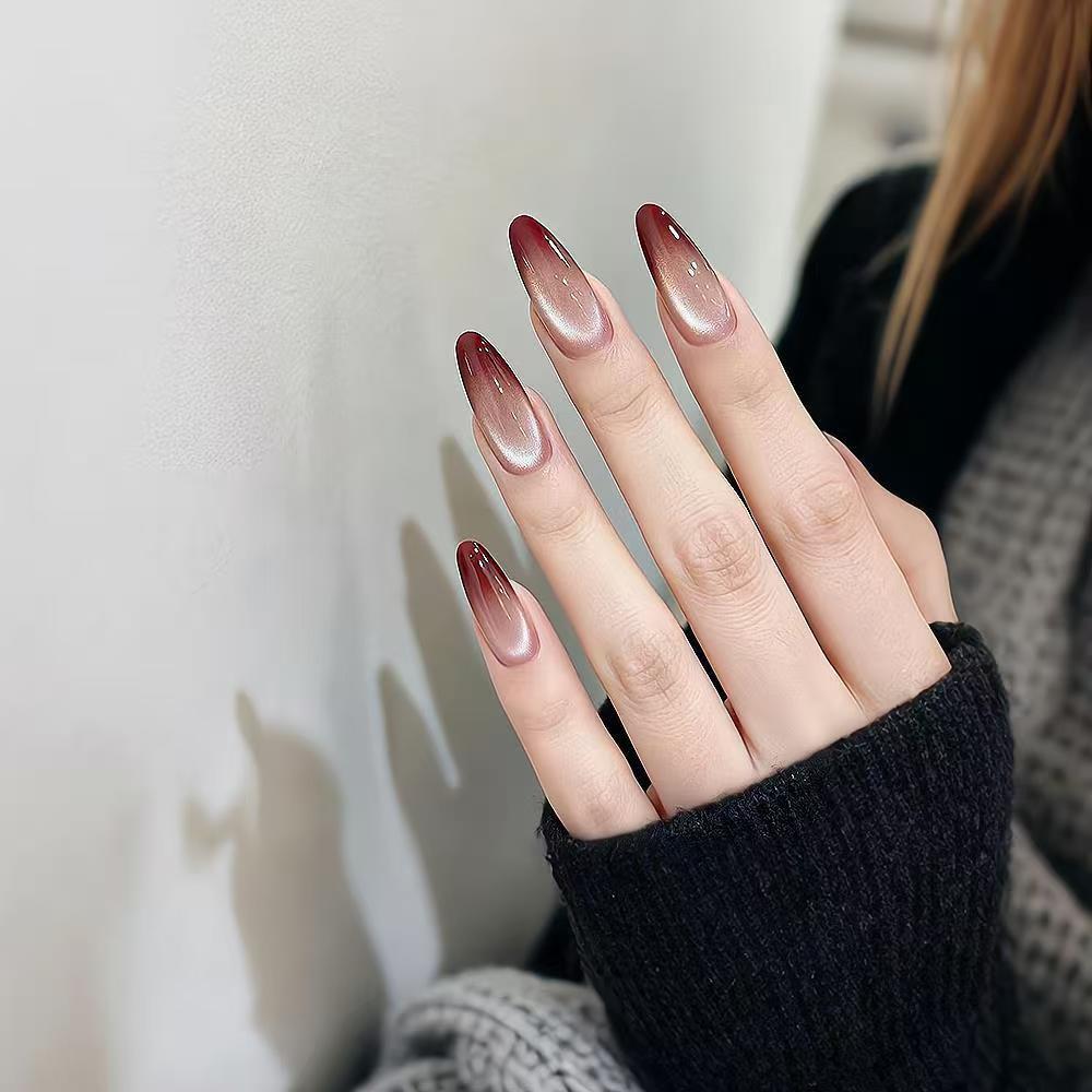 Wine Red Cat Eye Gradient Press On Nails