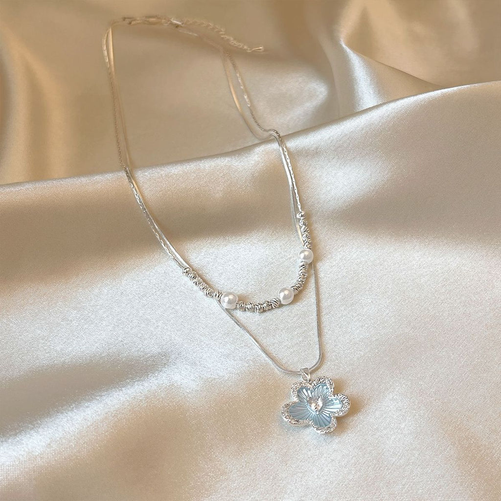 Light Blue Enamel Floral Double-Layer Pearl Silver Necklace