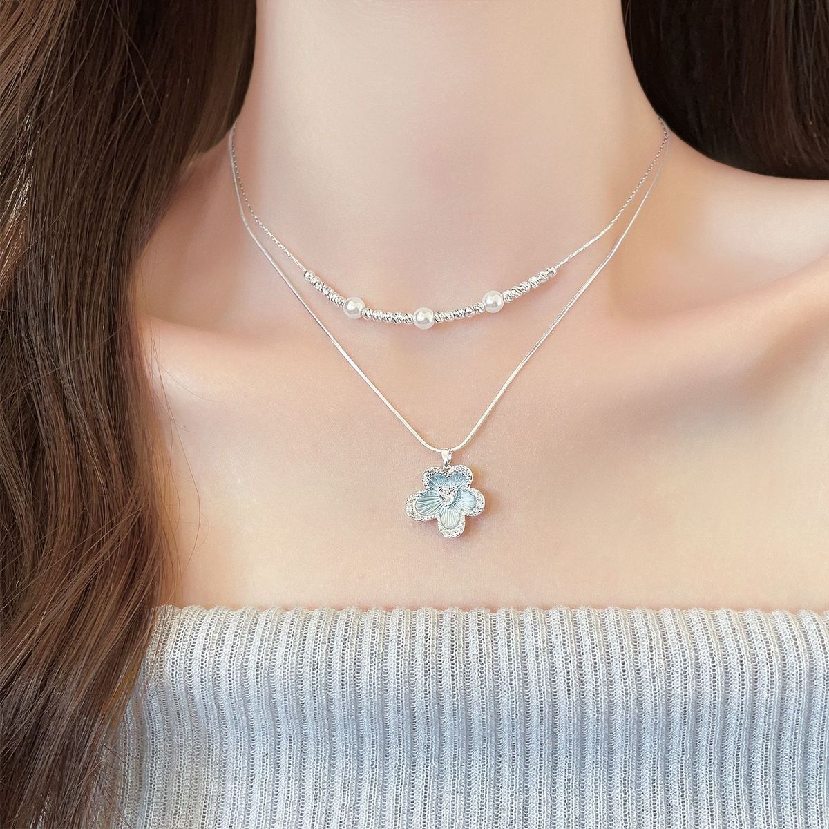 Light Blue Enamel Floral Double-Layer Pearl Silver Necklace