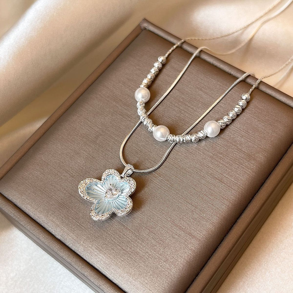 Light Blue Enamel Floral Double-Layer Pearl Silver Necklace