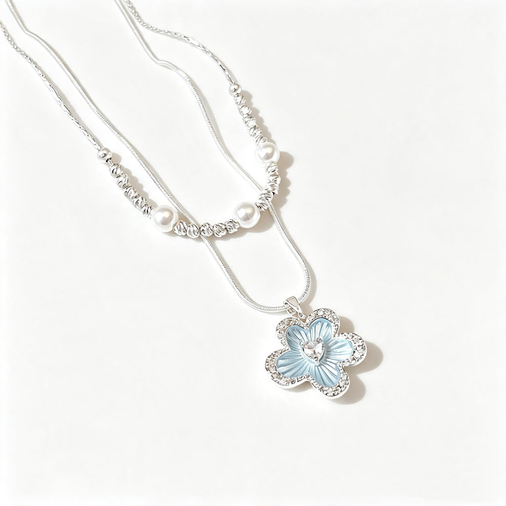 Light Blue Enamel Floral Double-Layer Pearl Silver Necklace