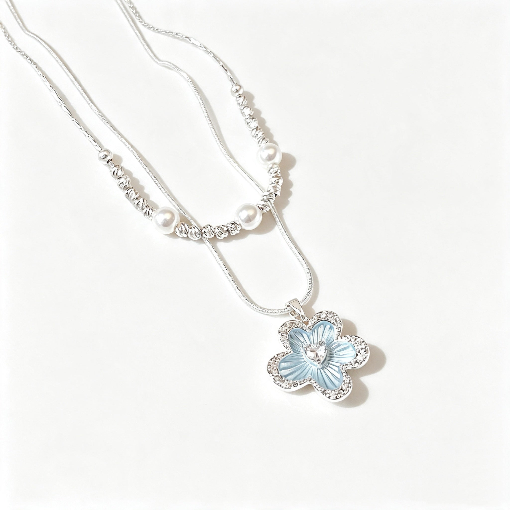 Light Blue Enamel Floral Double-Layer Pearl Silver Necklace